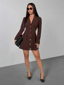 SHEIN PETITE 优雅长袖西装裙，棕色收腰女士迷你连衣裙，春夏款 - 棕色 - 查看 7