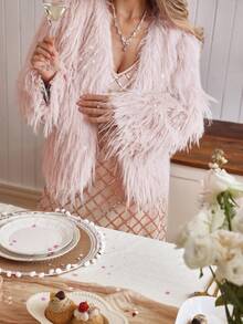 Louniche 优雅高端仿毛皮流苏亮片宽松女式外套，秋冬款 - 粉色 - 查看 6