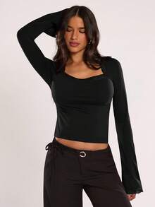 SHEIN BAE Camiseta básica casual de mujer con adorno de encaje en unicolor - Negro - Ver 8