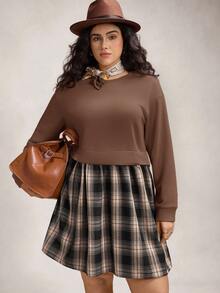 Zelara 大码女式圆领落肩长袖格子下摆休闲连衣裙 - 棕色 - 查看 8