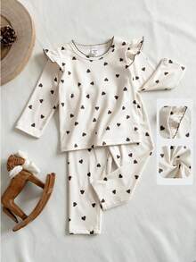 SHEIN 2pcs Baby Girl Fleece Heart Print Crew Neck Long Sleeve Top And Elastic Waist Heart Print Fleece Pants Casual Comfortable Autumn/Winter Matching Set - Apricot - View 8