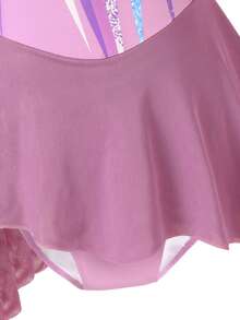 SHEIN 少女花样滑冰服，紫红色花卉印花，饰以优雅闪亮的水钻，长袖，修身网纱裙，舒适时尚，适合比赛和训练 - 紫色 - 查看 3