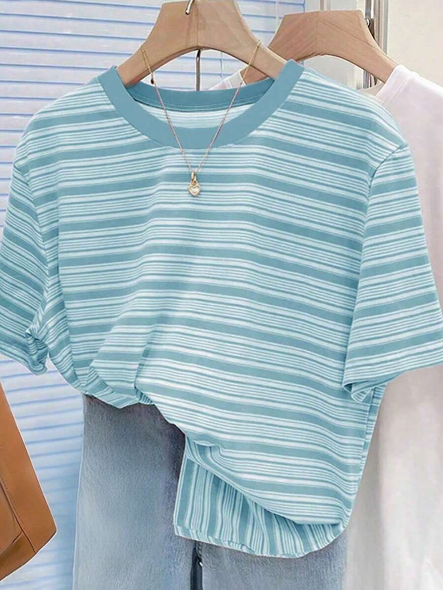 INAWLY Vintage Colorful Striped Short Sleeve T-Shirt For Women, Casual Round Neck Top For Summer - Multicolor - View 1