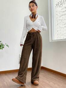 SHEIN EZwear 女士休闲咖啡棕色抽绳腰阔腿裤，冬季服装 - 咖啡棕 - 查看 6