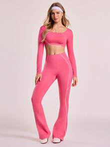 SHEIN Sovereign Charm 2 pièces/Set Femmes Ensemble Yoga Sans Couture Sans Dos à Manches Longues, Vêtements de Sport Décontractés - Rose vif - Voir 3