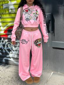 Rovax Sudadera con capucha ajustada y corta de manga raglán larga + Pantalones casuales con bolsillo en diagonal - Rosa - Ver 3