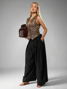 MISSGUIDED Quần ống rộng xếp ly ống loe cạp cao quần palazzo dáng rộng thoải mái có túi - màu đen - Xem 3