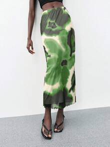 Maija 春夏新款不规则扎染花卉印花网纱面料弹力腰荷叶边修身半身裙，优雅别致 - 綠色 - 查看 5