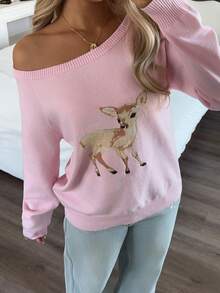 CovetEZ Pink Deer Pattern Asymmetric-Shoulder Long Sleeve Casual Knit Pullover Sweater,Christmas Sweater Women - Pink - View 6