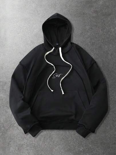 ROMWE MEN Street Life Bluza z kapturem unisex, styl uliczny, amerykański patchworkowy nadruk angielski, jesień/zima, bluzka z długim rękawem