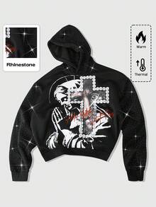 ROMWE MEN Street Life Men's Hooded Sweatshirt, Jesus, Virgin Mary, Cross, English Text Print, Rhinestone Patchwork, Autumn/Winter - Black - View 7