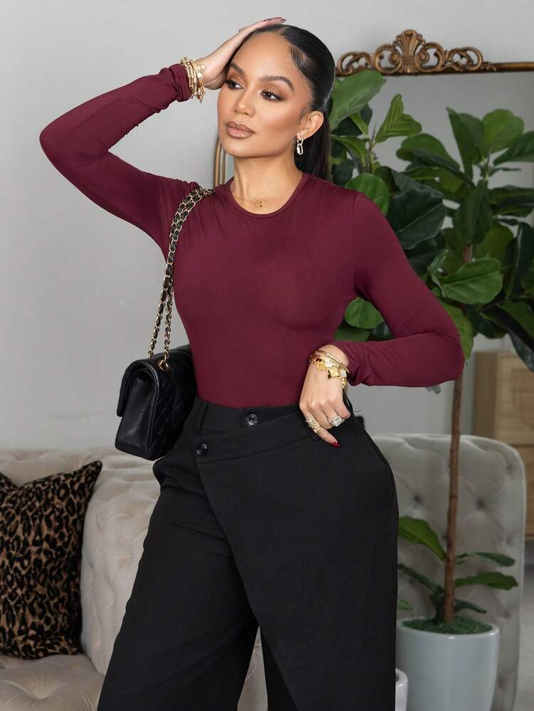 Melissa Matos Body de estilo primaveral y ajustado para mujer con camiseta sólida - Burdeos - Añade 6