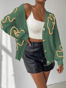 SHEIN Unity Cardigan Rajut Kasual Lengan Panjang Motif Bunga dengan Bahu Longgar untuk Wanita, Musim Gugur/Dingin - Hijau - View 4