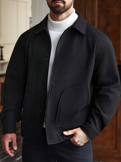 Manfinity Homme Plus Size Men's Long Sleeve Casual Solid Color Simple Button Overcoat, Autumn