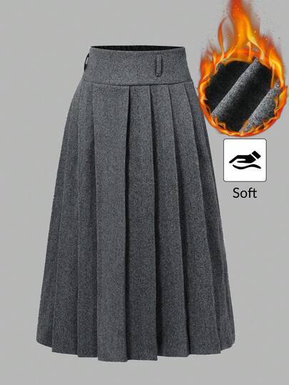 SHEIN EZwear Plus Size Grey Vintage Wool Pleated Long Casual Skirt, Autumn/Winter