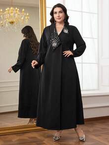 Al Najma Áo choàng Abaya Ả Rập thanh lịch tay dài đính hoa đính đá cỡ lớn cho nữ - màu đen - Xem 5