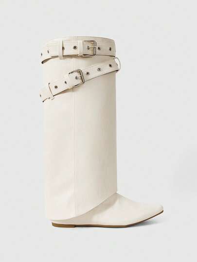 Grunge Punk Women's Square Toe High Boots, Pants Tube Boots, Autumn/Winter Retro Hidden Wedge Flat Shaft Boots, Versatile Knee-High Boots