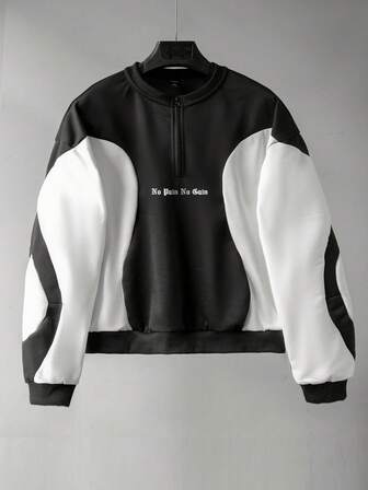 Street Life Felpa casual da uomo alla moda con stampa slogan, patchwork e colore a contrasto, con mezza chiusura lampo, adatta per primavera/autunno