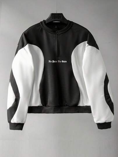 Sweat-shirt-shirt décontracté et pour hommes avec imprimé slogan, patchwork et couleurs contrastées, demi-zip, pour le printemps et l'automne