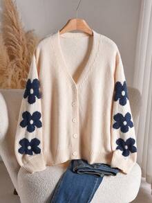 CosyJoli 大码女式休闲V领碎花长袖针织开衫，秋冬款 - 杏色 - 查看 1