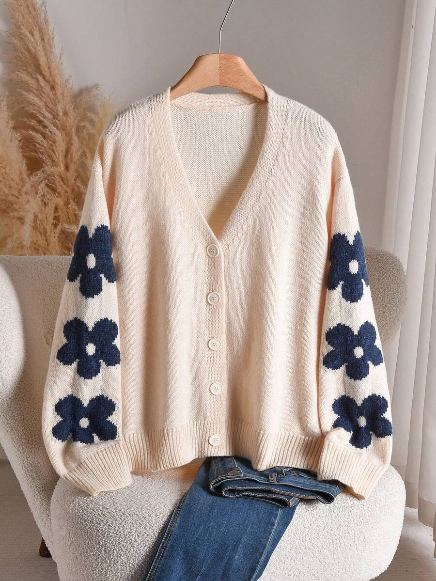 CosyJoli 大码女式休闲V领碎花长袖针织开衫，秋冬款 - 杏色 - 查看 1