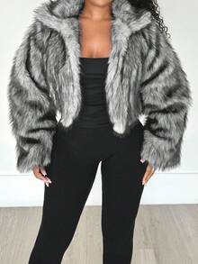 Alexandranx 女式复古时尚前开仿毛领夹克，冬季外套 - 淺灰色 - 查看 3