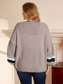 EMERY ROSE 大码女式休闲落肩长袖撞色条纹开衫 - 彩色 - 查看 2