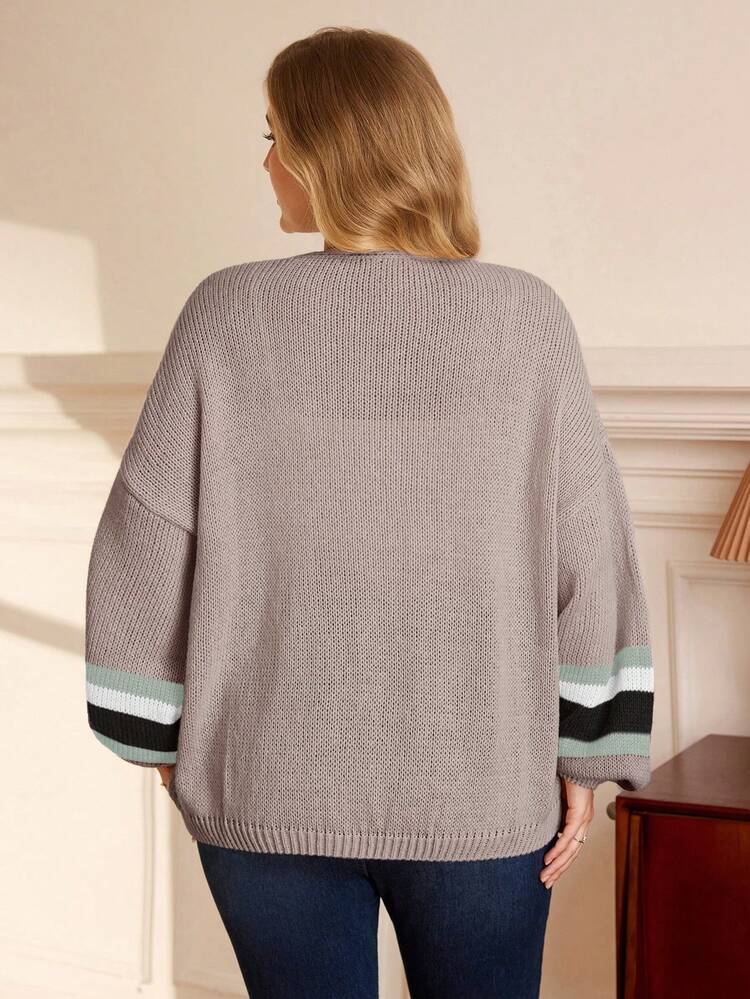 Plus Size Women Casual Drop Shoulder Long Sleeve Contrast Stripe Cardigan/Winter