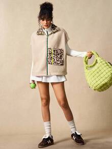 VARSIVA 女士休闲豹纹拼接抓绒外套，秋冬款 - 彩色 - 查看 9