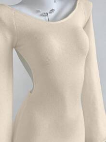 Elamini Vestido de suéter ajustado con mangas acampanadas y espalda abierta, minimalista y sexy, para mujer en otoño/invierno - Albaricoque - Ver 5