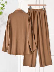 Rusticease 休闲花卉刺绣衬衫和裤子套装 - 鏽棕色 - 查看 4