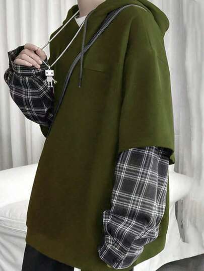 Claim Dot 男士格子拼接袖落肩抽绳连帽衫