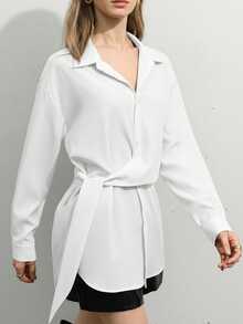 Aveloria Modichic 经典纯色法式奢华优雅不对称系带长袖衬衫，修身高端休闲百搭上衣，适合所有季节 - 米色 - 查看 3