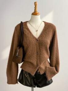 SHEIN Unity Autumn/Winter New Commuting Versatile Faux Fur V-Neck Slim Fit Women Cardigan Sweater - Brown - View 1