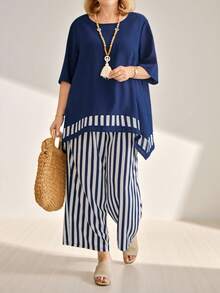 Momelise Plus Size Simple Daily Women's Top And Pants Two-Piece Set, For Summer - Navy Blue - View 1