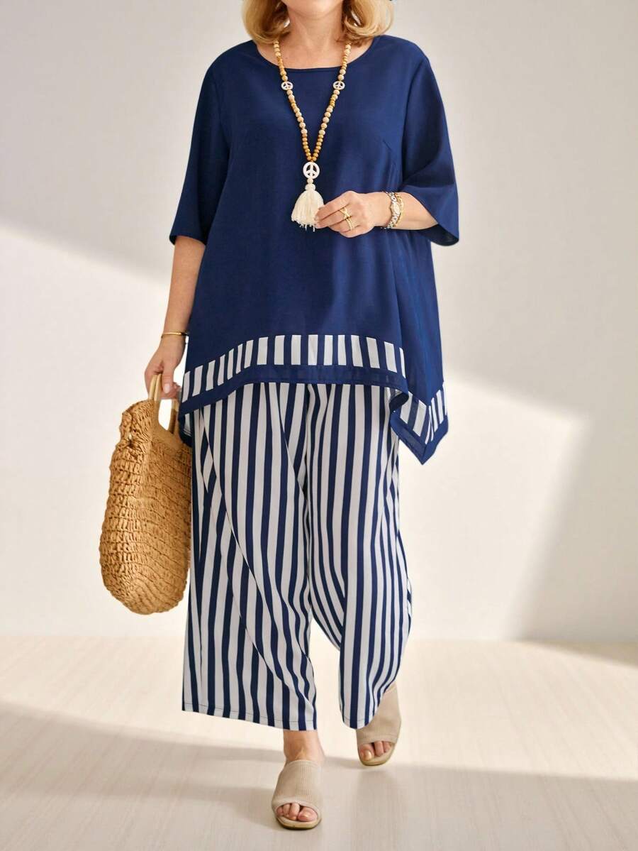 Momelise Plus Size Simple Daily Women's Top And Pants Two-Piece Set, For Summer - Navy Blue - View 1