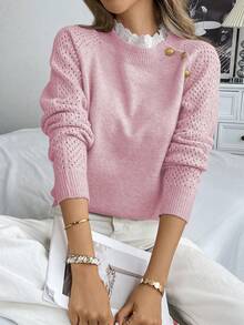 EMERY ROSE New Floral Trim Round Neck Loose Casual Women Sweater - Pink - View 5