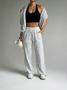 Dewbera Women's Casual Star Print Drawstring Waist Sports Pants Comfy Pants Lounge Pants Star Pattern Pants Wide Leg Sweatpants Star Print Pants - Grey - View 4