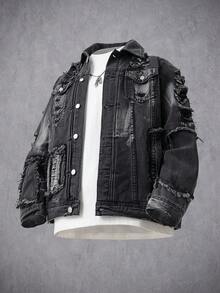 Manfinity Denimwave Veste en jean casual à manches longues pour hommes, style rappeur streetwear, unie en denim foncé avec blocs de couleurs, poches boutonnées devant, pour soirée - Noir - Voir 1
