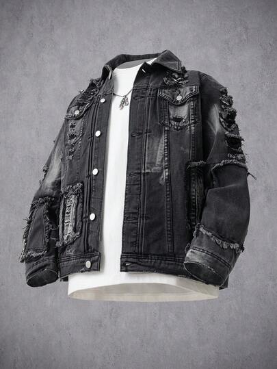 Manfinity Denimwave 男士休闲长袖饶舌歌手街头服饰纯色深色牛仔夹克，配色块，正面纽扣口袋，适合派对