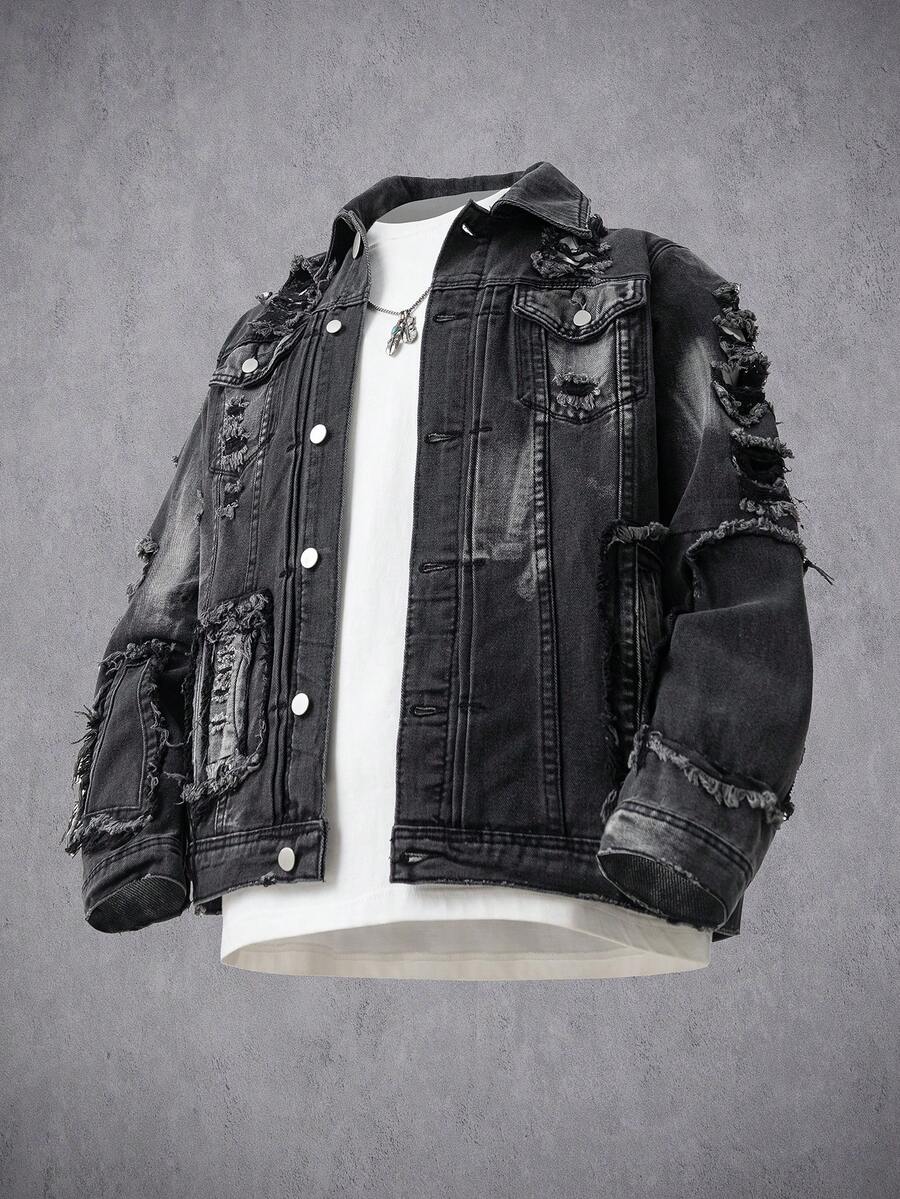 Manfinity Denimwave Veste en jean casual à manches longues pour hommes, style rappeur streetwear, unie en denim foncé avec blocs de couleurs, poches boutonnées devant, pour soirée - Noir - Voir 1