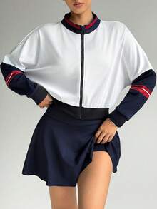 Dewbera Dewbera Women's Contrast Color Patchwork Top And Skirt Shorts Sports Suit - Multicolor - View 3