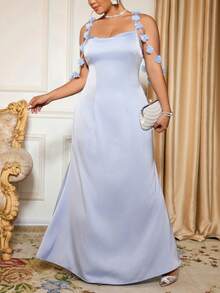 Cravure Plus Size Elegant Party Floral Decor Slip Dress - Blue - View 7