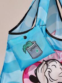 Popeye X SHEIN 1 Cute Cartoon Character Print Foldable Shopping Bag, Tote Bag, With Small Storage Bag With Bead Chain, Can Be Hung On The Bag, Spinach,Gift Ideas - 藍色 - 查看 7