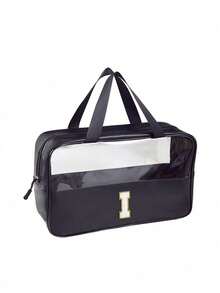 1PC Transparent Letter Toiletry Bag,Fashionable New Square Solid Color Makeup Bag With Embroidery Letters Summer Travel, Vacation Home Bathroom Decor Holiday Makeup Organizer Bathroom Accessories Back To School - Black - View 22