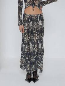 COUREZ Falda larga asimétrica con estampado de leopardo en malla, para fiesta, salida, sexy y elegante, estilo Y2K primaveral para mujer - Marrón Mocha - Ver 1