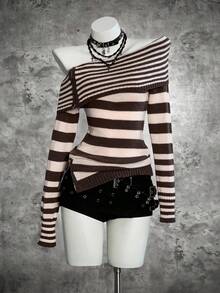 SHEIN Unity Streetwear Women's Colorblock Asymmetrical Shoulder Collar Zip-Up Fitted Long Sleeve Sweater Top - Multicolor - View 1