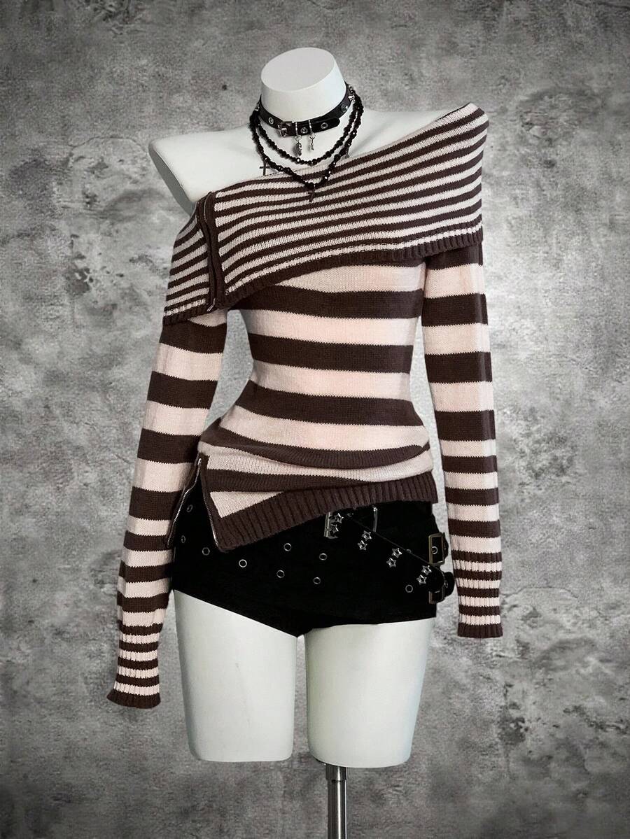 SHEIN Unity Streetwear Women's Colorblock Asymmetrical Shoulder Collar Zip-Up Fitted Long Sleeve Sweater Top - Multicolor - View 1