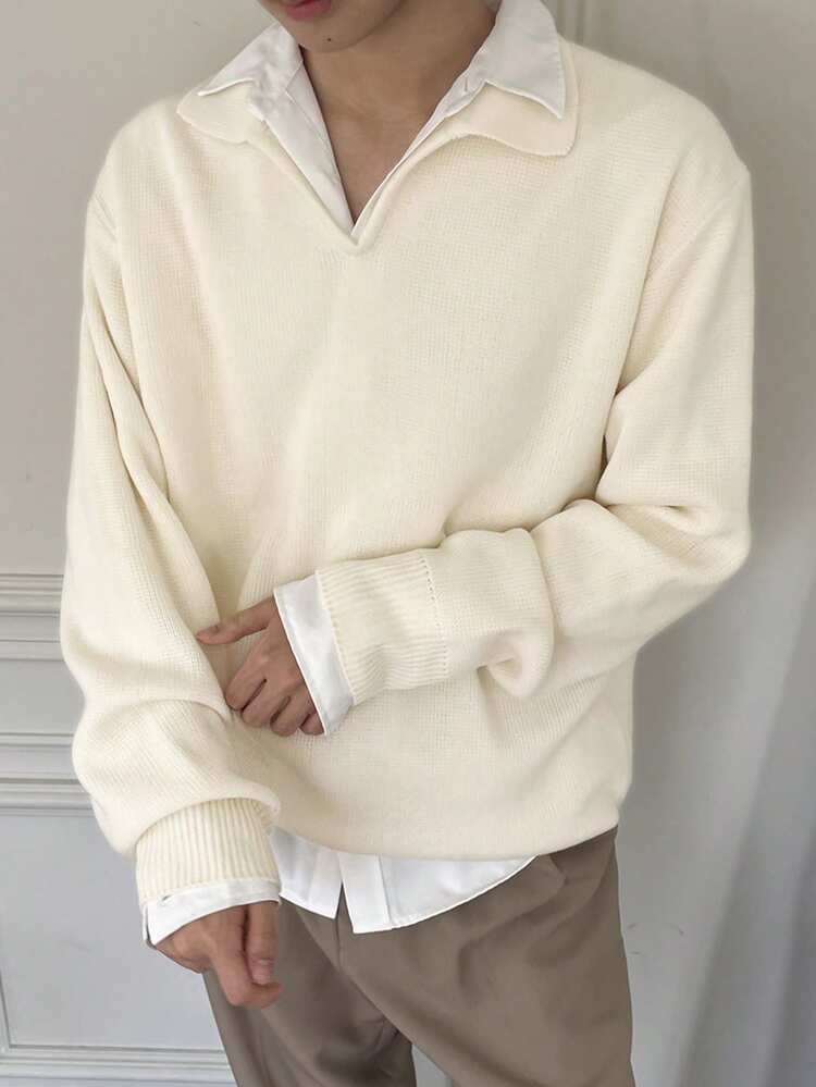 Men's Solid Color White Polo Neck Sweater, Autumn