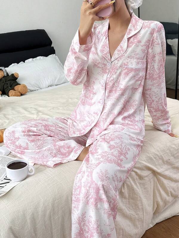 Dream Adore Women's Bubble Wrinkle Print Cardigan Collar Pajama Set Pink Pajamas Set Soft Pajamas Set Long Sleeve Pajama Set Sleepwear Women Pajamas With Print